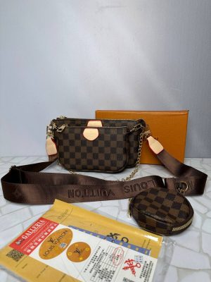 کیف سه‌تکه لویی ویتون زنانه مدل اسپرت کلاسیک | طراحی شطرنجی با بند زنجیری و برزنتی